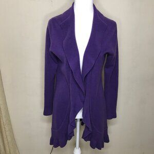 100% Cashmere Size M Purple Ruffle Front Soft Luxurious Open Cardigan Sweater